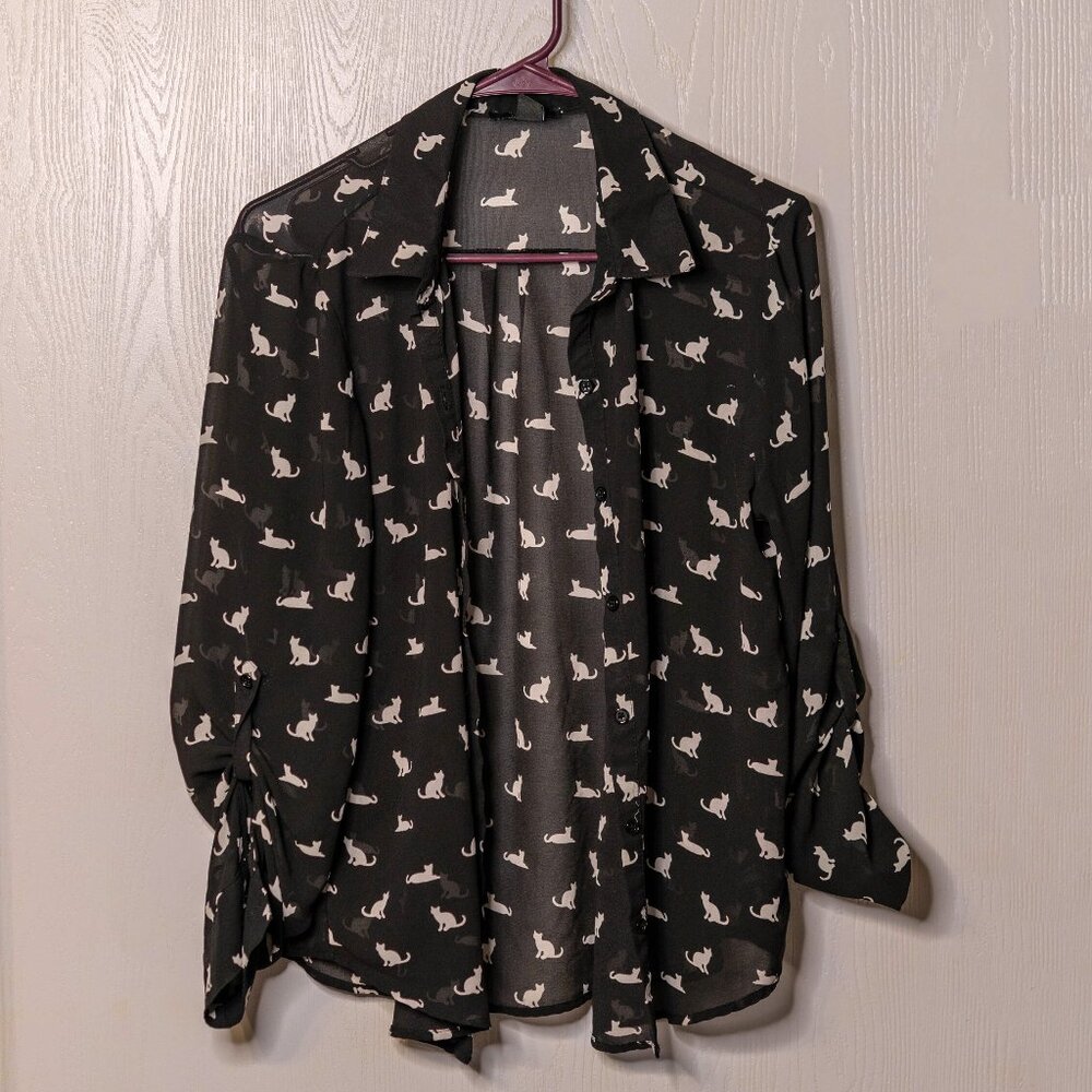 CLEARANCE Forever 21 Sheer Cat Button-Up Shirt - Size Large